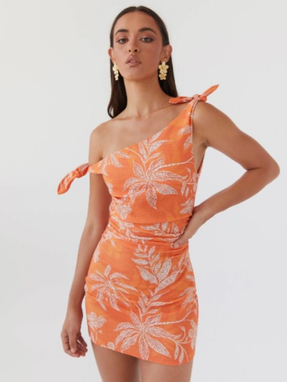 PEPPERMAYO | Women's Orange Amazonia Tropical Linen Tie Shoulder Mini Dress